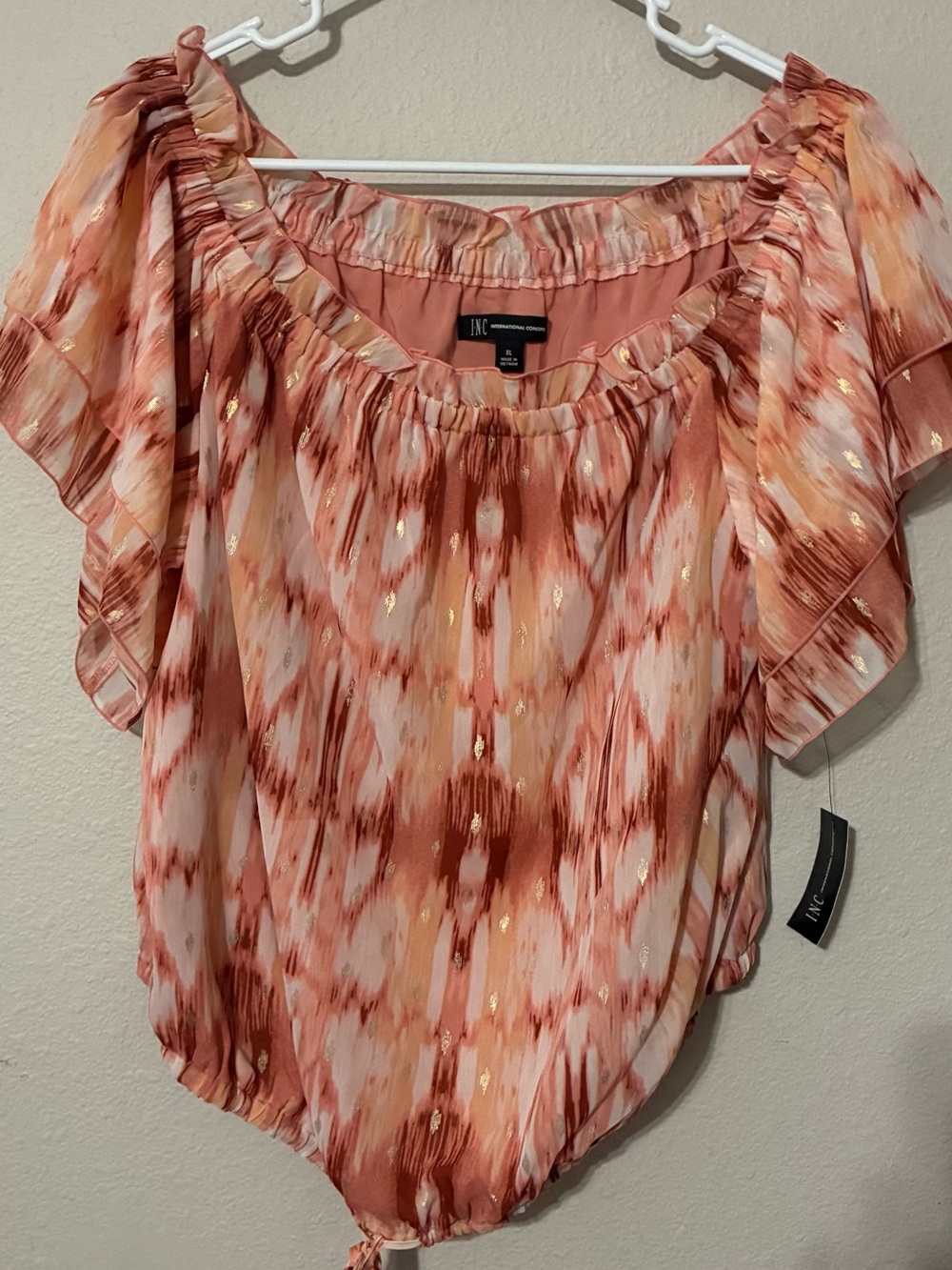 NWT INC International Concepts Off-Shoulder Pink Coral Printed Blouse